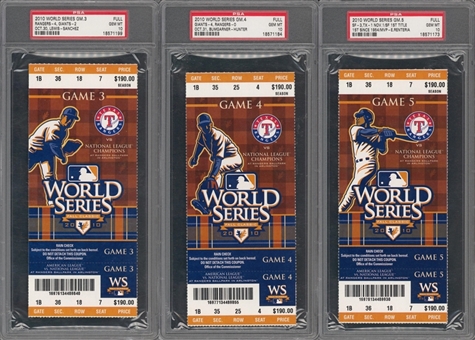Lot of (3) 2010 World Series Full Tickets - Games 2, 3, and 4 - Texas Rangers vs San Francisco Giants - All PSA 10 GEM MINT